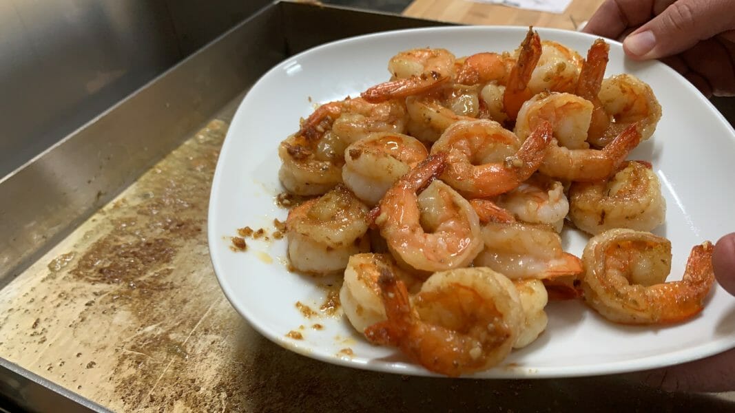 a plate of shrimp fresh off the Wee Griddle