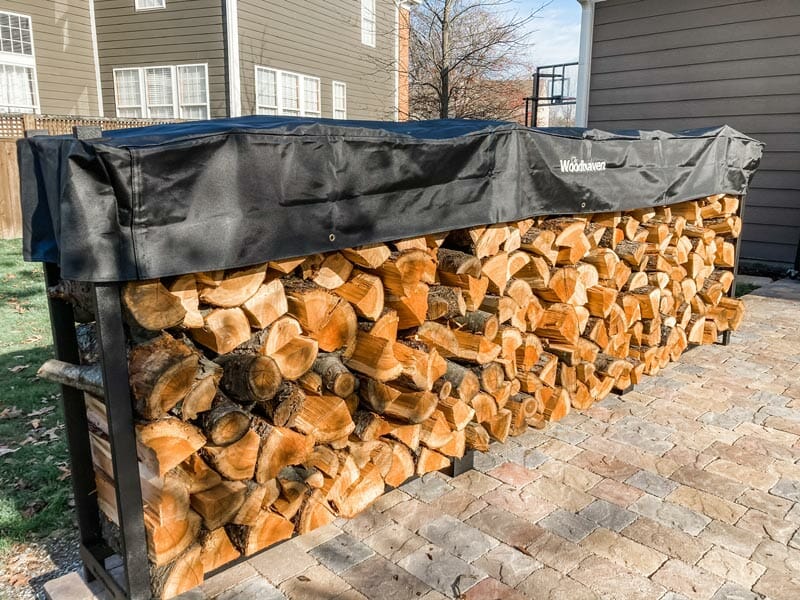 12 foot Woodhaven firewood rack loaded up with 3/4 cord of cherry wood