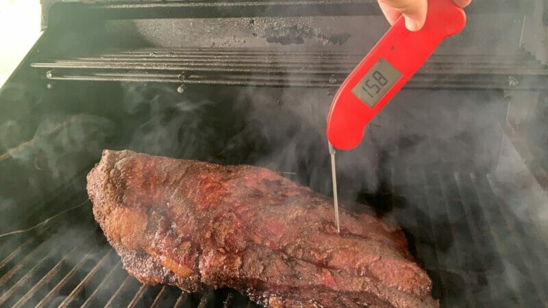 temping the pellet grill brisket with a Thermapen One