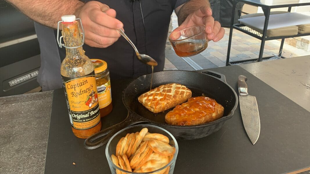 putting glaze on the smoked cream cheese