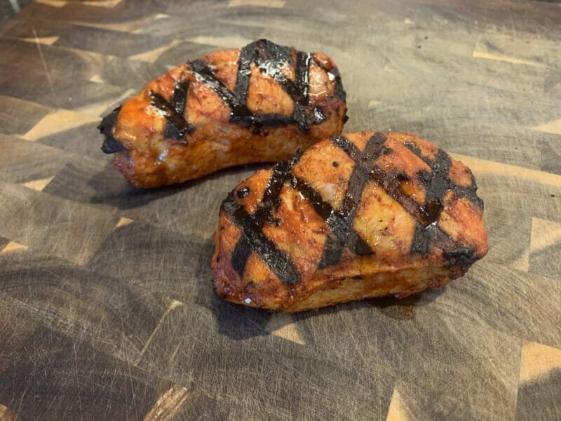 grilled pork chops showing beautiful diamond sear marks