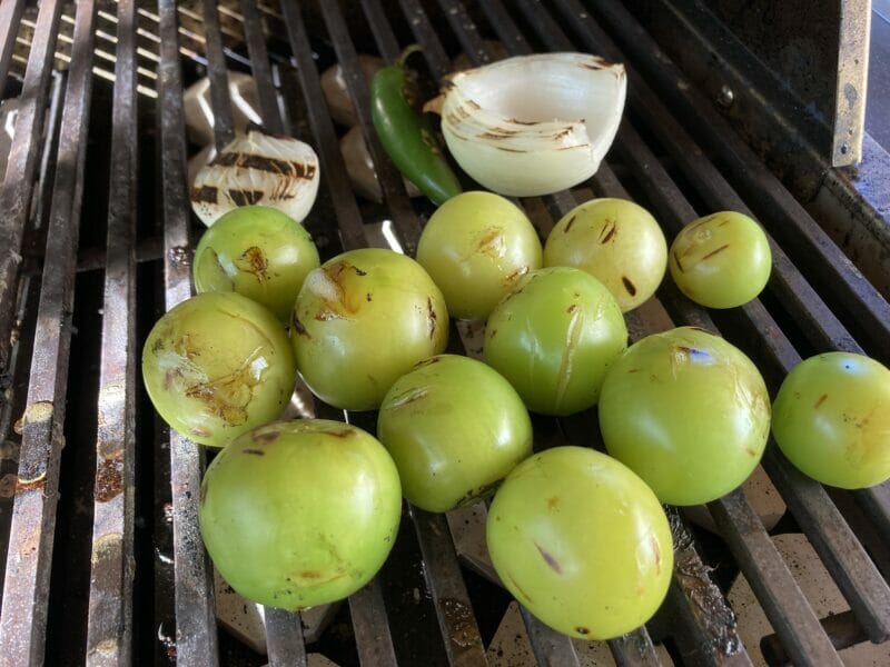 homemade salsa verde ingredients roasting on the grill