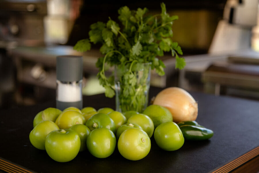 tomatillos, jalapeno pepper, onion, fresh cilantro, salt