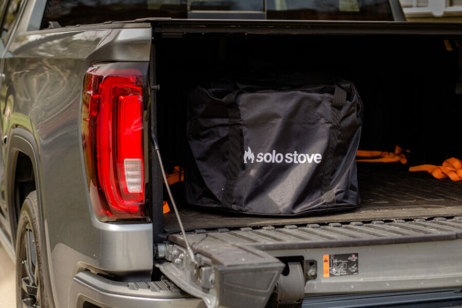 Solo stove Bonfire in the carrying case in the back of our truck