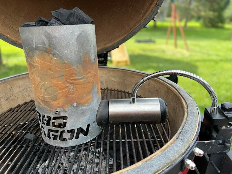 Lighting charcoal in the kamado joe grill with the BBQ Dragon and chimney of insanity