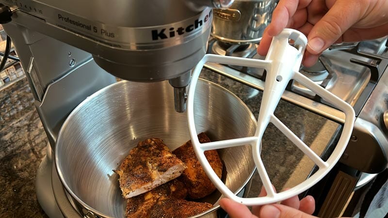 kitchen aid mixer with paddle attachment is helpful for shredding smoked chicken breasts