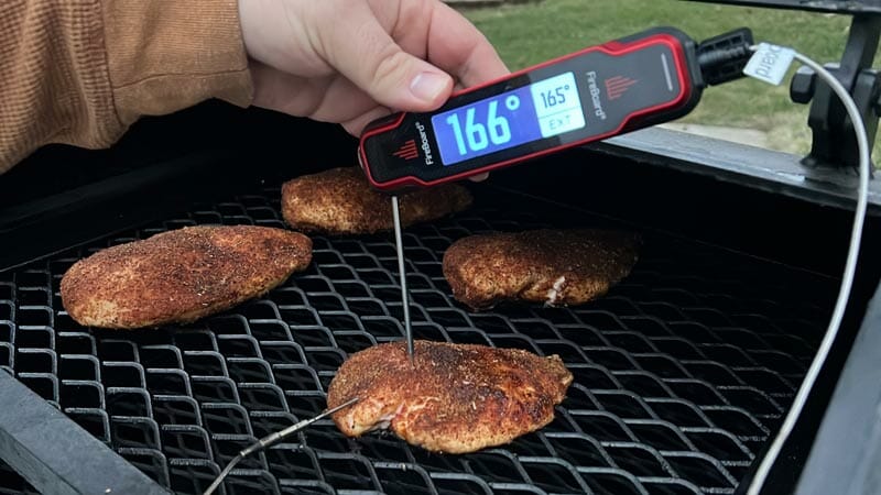 use a meat thermometer to test the internal temp of your smoked chicken breasts