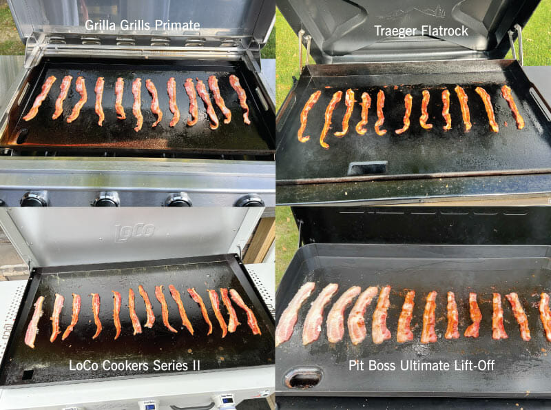 Composite of bacon cooked on the Traeger Flatrock, Grilla Grills Primate, Pit Boss, and LoCo Cookers in windy conditions