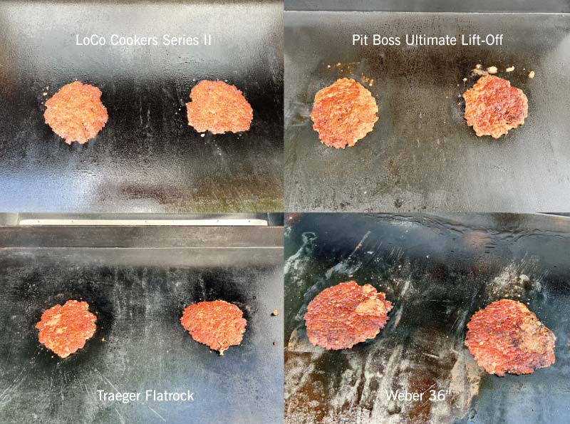 Composite of smash burgers on 4 flat top grills