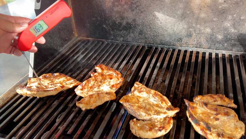 Testing the doneness of grilled huli huli chicken using an instant read thermometer