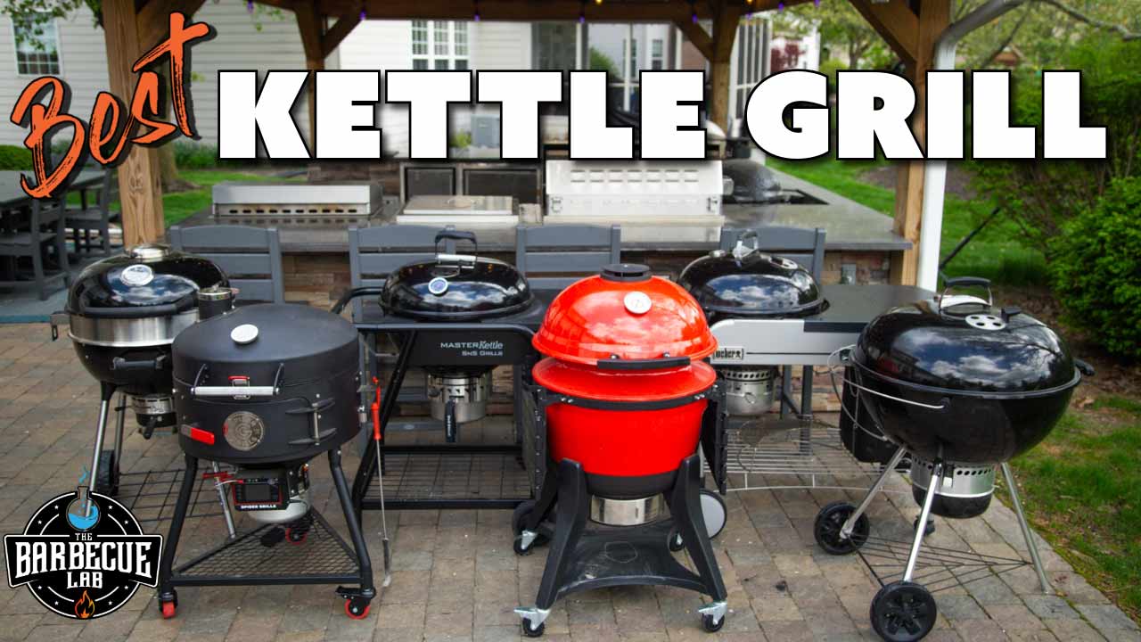 6 kettle grills lined up on the patio for testing