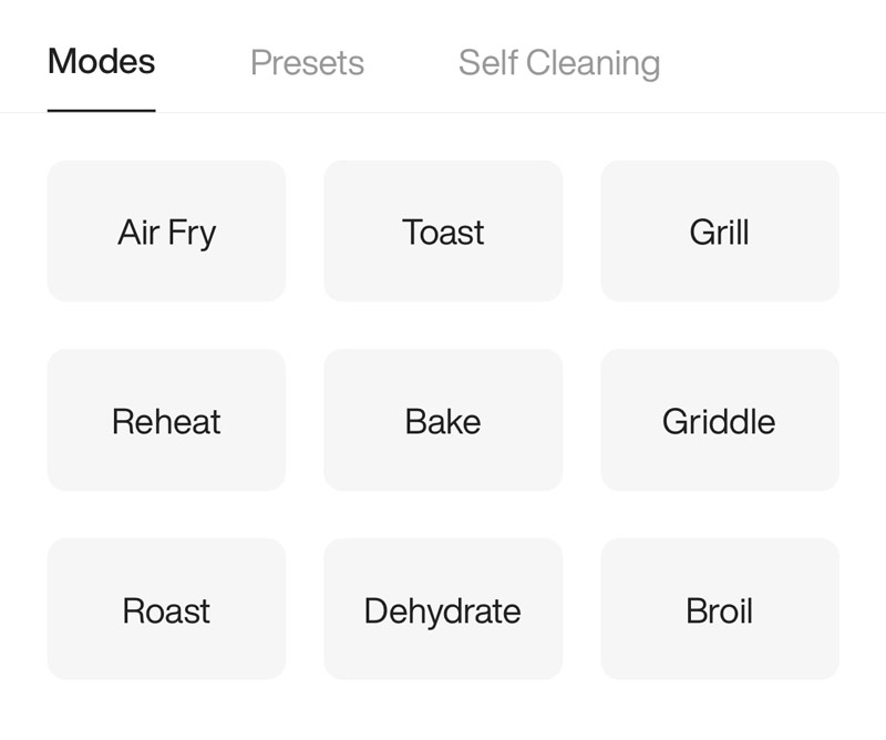 app showing cooking modes available for Typhur Dome 2