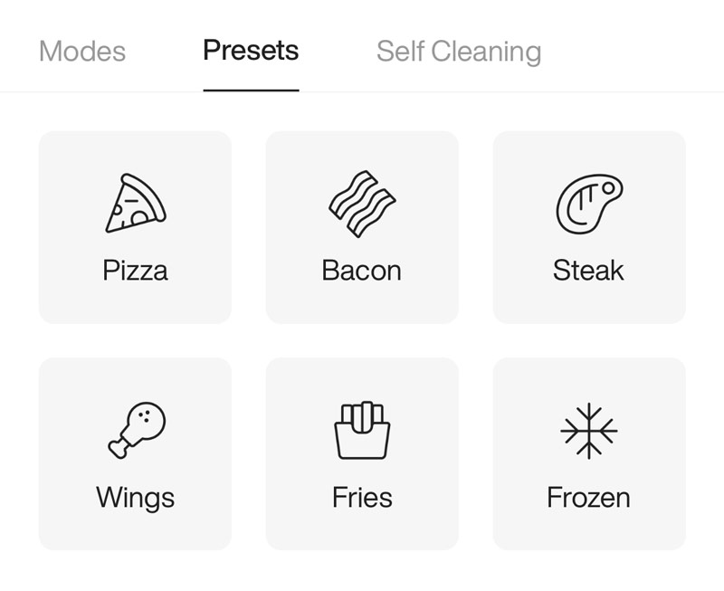 app showing cooking presets available for Typhur Dome 2