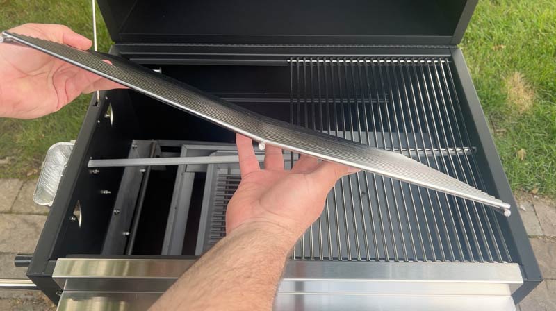 the stainless steel cooking grates are angled on the Hasty Bake Legacy