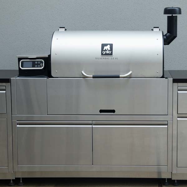 grilla Silverbac 2.0 XL wood pellet grill built into the Grilla outdoor kitchen