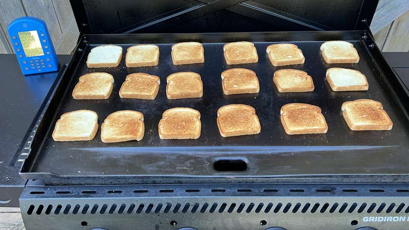 Toast browning across the whole surface of the Camp Chef Gridiron 36 Pro flat top