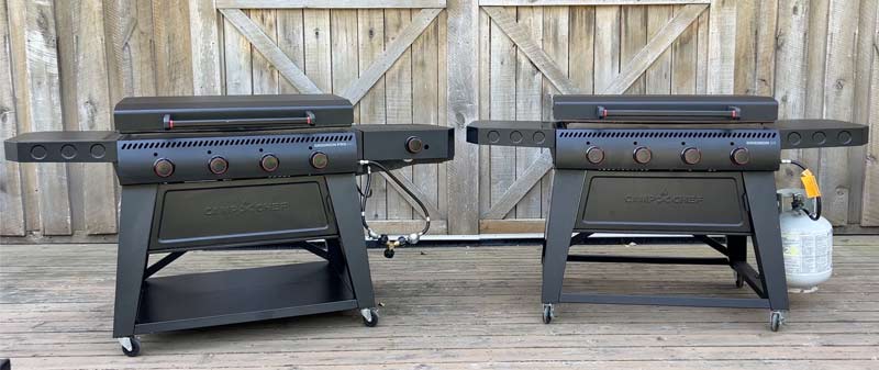 The Camp Chef Gridiron 36 has an open cart bottom and the pro has a bottom shelf