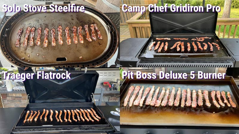 Bacon-1 Composite of bacon cooked on the Solo Stove Steelfire, Traeger Flatrock, Camp Chef Gridiron Pro, and Pit Boss Deluxe in windy conditions