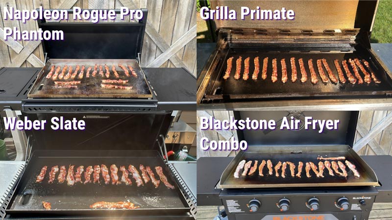 Bacon-2 Composite of bacon cooked on the Napoleon Rogue Pro, Grilla Grills Primate, Weber Slate, and Blackstone in windy conditions