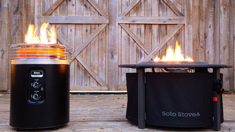 gas-fire-pit-1 Ninja Fireside 360 and Solo Stove Infinity Flame gas fire pits burning on outside deck