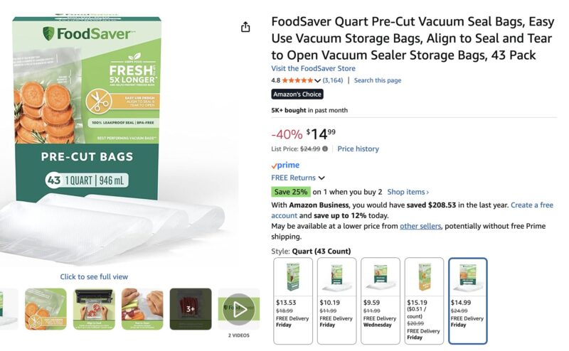 precut bags for vacuum sealing and food storage