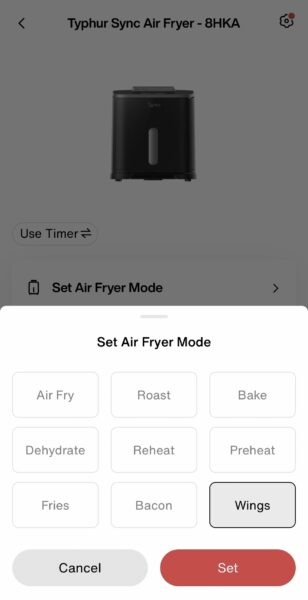 Typhur app connected to the Sync air fryer