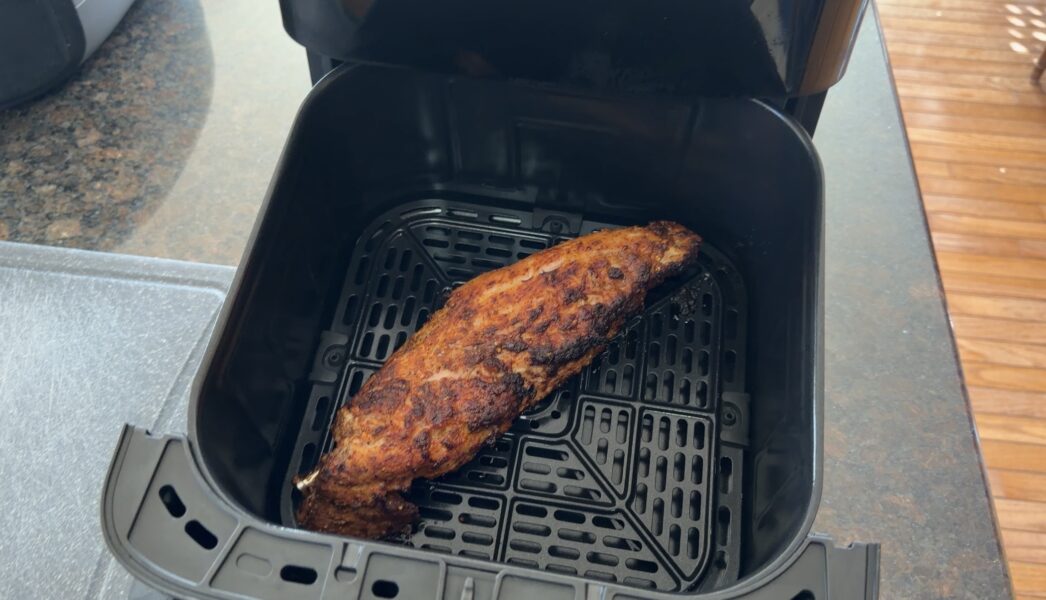 The sync air fryer has a large capacity for cooking pork tenderloin using the probe to monitor temperature