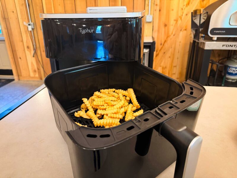 The Typhur Sync air fryer has a pfas free ceramic coating in the basket and grill plate