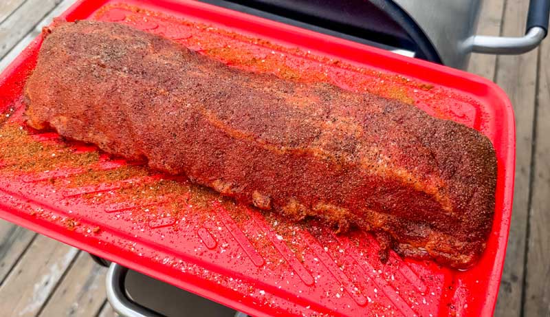 rib rub setting into the ribs before a cook including garlic powder, onion powder, chili powder, smoked paprika, ground mustard, cayenne pepper, and more