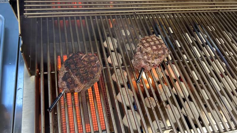 comparing the sear of filet mignon seared on the optional infrared burner vs. the traditional burner