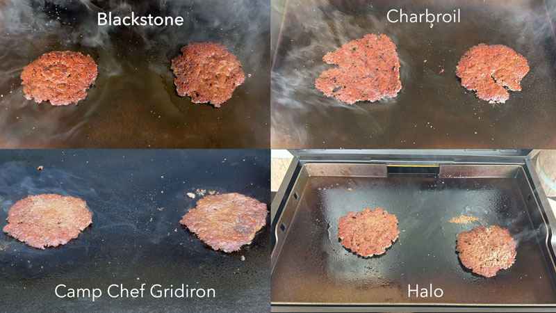 testing searing ability on the griddle surface of each gas griddle