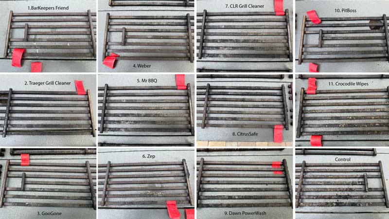 12 grill grates after being cleaned by different grill cleaning sprays